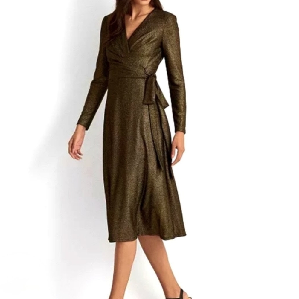 Lauren Ralph Lauren Women's Gold Metallic Formal Long Sleeve Dress Size 12 NWOT